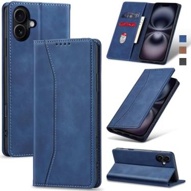 Imagem de Jasonyu Flip Carteira Capa para iPhone 16 Plus,Capinha Folio Magnética de Couro com Suporte para Cartão,Suporte para Chute - Protetora Durável de TPU à Prova de Choque para Telefone,Azul