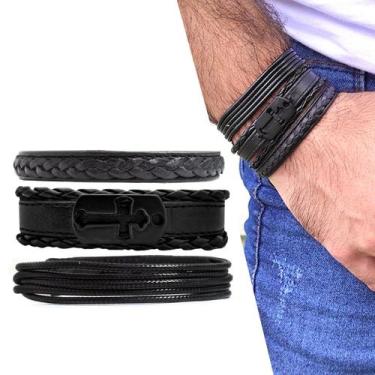 Imagem de KIT C/03 Pulseiras de Couro Masculina Tag Cruz All Black Ajustável - G