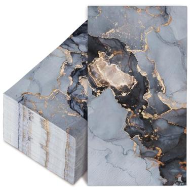Imagem de AnyDesign Pacote com 100 guardanapos de mármore para convidados, 3 camadas, guardanapo de papel gracioso descartável azul dourado marmorizado guardanapo de mão de jantar de luxo para decoração de mesa