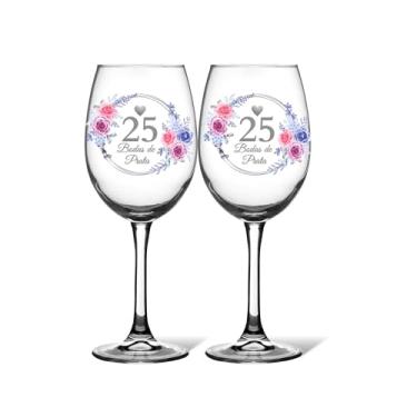 Imagem de Kit 2 Taças De Vinho 465ml Vidro Personalizada Bodas De Prata 25 Anos Casamento Celebração Presente Casal Luxo Taça Comemorativa Estampada