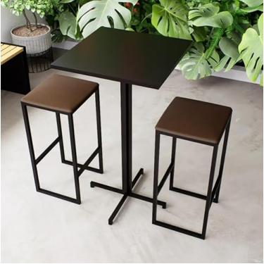 Imagem de Conjunto Mesa Alta Bar Bistrô Quadrada Preta 2 Bancos Estofado Industrial Black (Marrom)