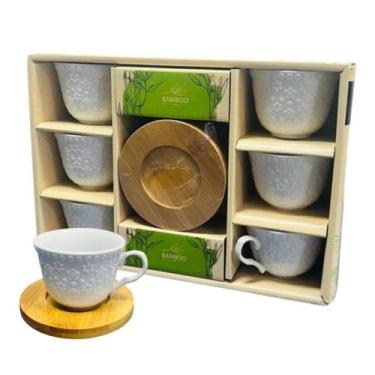 Imagem de Conjunto 12 Peças 6 Xícaras Porcelana 90ml Com 6 Pires Bambu - Kadê