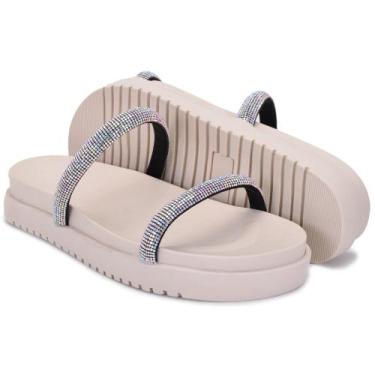 Imagem de Sandália Papete Feminina Chinelo Brilho Strip - Vk, Strass, Branco, 38