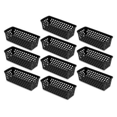 Imagem de Kit 10 Cestos Organizador Multiuso 28x11x8cm Transparente Preto Branco