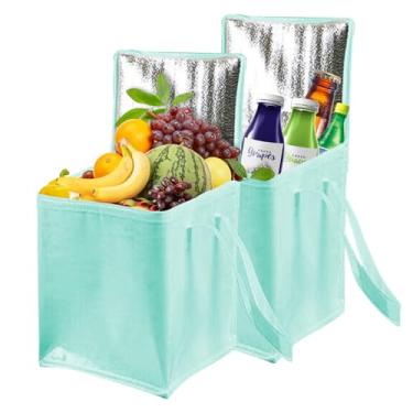 Imagem de Bolsa térmica (embalagem com 2, sacola de compras reutilizável com fundo e alças reforçadas, dobrável, para mantimentos, entrega de comida, acampamento, casamentos, aniversários, praia, presente (azul