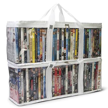 Imagem de Made Easy Kit Bolsa de armazenamento de DVD – Organizador de PVC transparente, alças triplas costuradas, divisórias – empilhável, economiza espaço, serve para 40 caixas de DVD – recipiente para discos de filmes, videogames, fitas VHS (branco, 2 sacos)