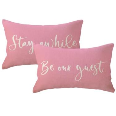 Imagem de ULOVE LOVE YOURSELF 2 capas de almofada para decoração de quarto de hóspedes com design Stay Awhile and Be Our Guest 30,5 x 50,8 cm (rosa)