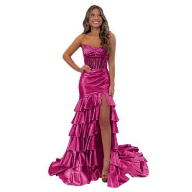 Imagem de Vestido de baile Mollyevers Corset Plus Size Fuchsia Satin 20W