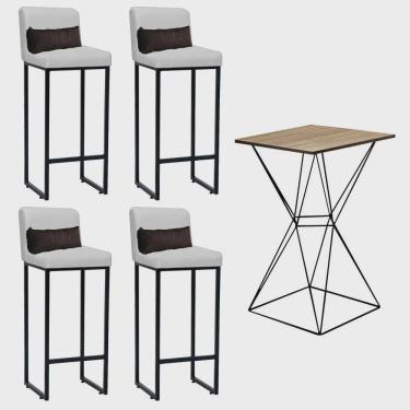 Imagem de Kit Mesa Bistrô Flork e 4 Banqueta Lucca Alta Com Encosto Tampo Madeira Ferro Preto Corino Branco e Almofada Marrom - Ahazzo Móveis