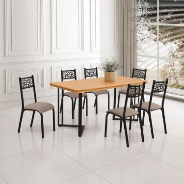 Imagem de Conjunto Sala de Jantar Industrial Michigan 1,60 Tampo Imbuia com 6 Cadeiras Jasmin Assento Bege