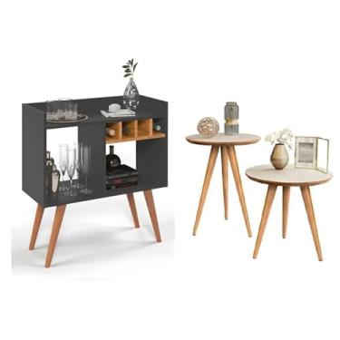 Imagem de Aparador Buffet Bar com Adega Rubi + Conjunto de Mesas Apoio e Lateral Classic (Cinza nature)