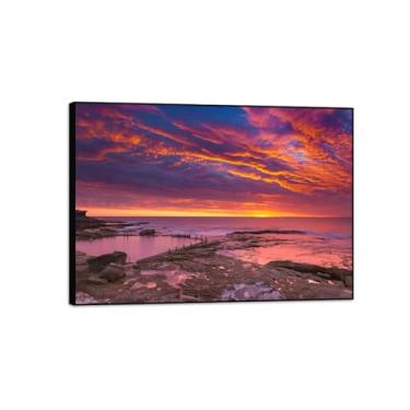 Imagem de MUHJDYC Pintura de paisagem arte em tela de parede com moldura preta - Imagem moderna para sala de estar quarto decoração de parede de casa pronto para pendurar - paisagem marítima lindo pôr do sol