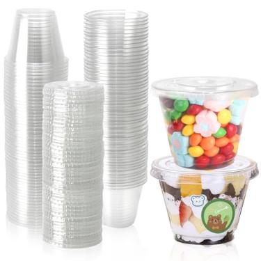Imagem de QPEY Pacote Com 100 Copos Plásticos Transparentes De 8 Oz Tampas Planas, Descartáveis Para Sobremesas, Sorvetes, Pudins, Bolos, Salgadinhos, Frutas E Iogurtes