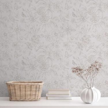 Imagem de Dimoon Papel de parede de 43,9 cm x 599,4 cm, papel de parede floral, boêmio, bege, branco, amigável ao locatário, papel de parede natural, impermeável, removível, autoadesivo para quarto, sala de