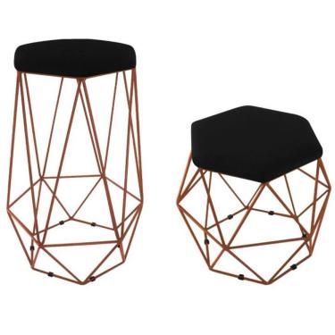 Imagem de Kit Puff E Banqueta Aramado Base Bronze Suede Rosa Preto