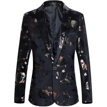 Imagem de Mens Floral Blazer Dress Ternos de casamento Bonzing de ouro elegante Social Blazer Slim, Black, 6xl
