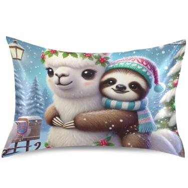 Imagem de Linda preguiça abraçando lhama cetim fronha King Queen padrão fronha fofa estampa refrescante capa de almofada para cama, tamanho king, 101,6 cm x 50,8 cm