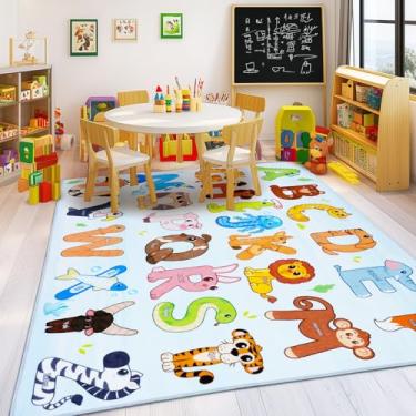 Imagem de Bolacrom Tapetes infantis para sala de jogos, tapete educativo de 1,2 x 1,5 m para aprender o alfabeto ABC, macio, lavável na máquina, tapete de animal fofo antiderrapante para sala de aula, berçário
