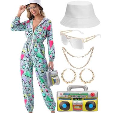 Imagem de VillbeCoser Conjunto de macacão feminino com capuz, fantasia neon dos anos 80, 90, agasalho, jaqueta corta-vento, hip hop, rapper, Verde - A, XX-Large