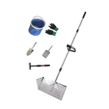 Imagem de Bothyi Ancinho de areia, cesta larga, peneira, não dobra, fácil limpeza, peneira, cabo telescópico, grande, premium, com múltiplas ferramentas pequenas, pá, Prata