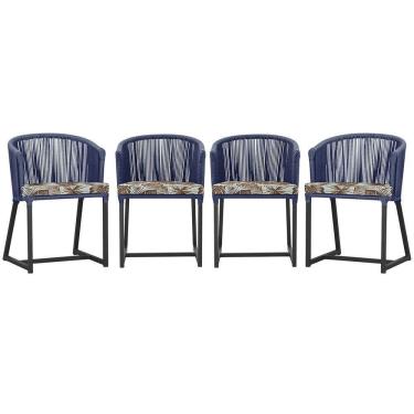 Imagem de 4 Cadeiras De Jantar Noronha Preta Corda Náutica E6 Trama Azul