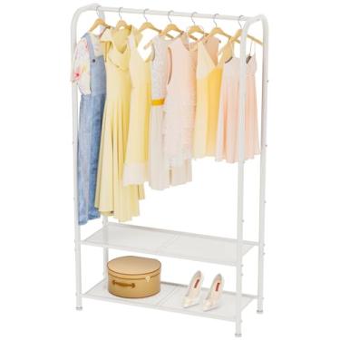 Imagem de SINGAYE Suporte de roupas portátil para pendurar roupas, suporte de roupas pesado, armazenamento de casacos, suporte portátil para pendurar com prateleiras, organizador de guarda-roupa, branco