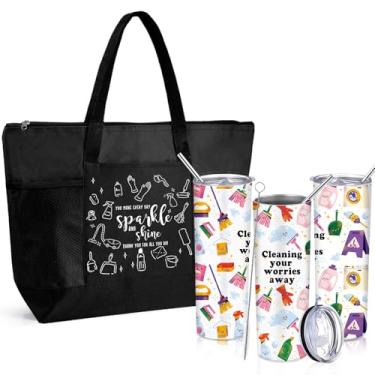 Imagem de Sieral Presentes de agradecimento da semana de limpeza de Natal para empregada doméstica equipe empregada colega de trabalho copo inspirador de aço inoxidável com palha, tampa e escova 590 ml e sacola