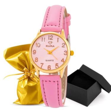 Imagem de Relógio Eura Dourado Feminino Pulseira de Couro Embalagem Presente, Ro