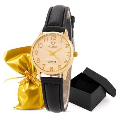 Imagem de Relógio Eura Dourado Feminino Pulseira de Couro Embalagem Presente, Pr