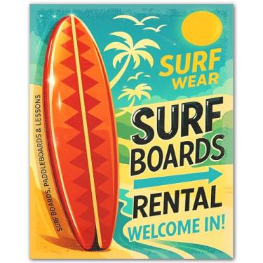 Imagem de ZUKIY Retrô Surfboard Rentals Welcome in - Decoração de surf vintage para parede - Impressão artística de quarto de surfista - Pôster sem moldura 20 x 25 cm - Pôster de prancha de surf estilo meninos