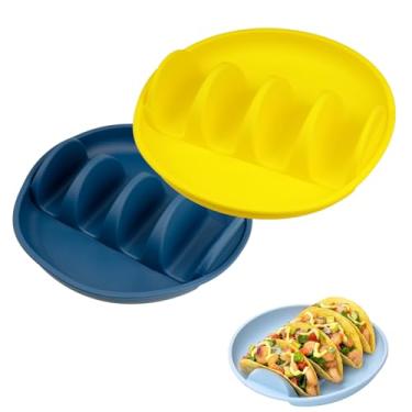Imagem de Conjunto de 2 placas de suporte de taco de silicone reutilizáveis de 24,8 cm com 4 compartimentos de concha, seguro para lava-louças e micro-ondas. Suporte de taco para jantar em família e servir
