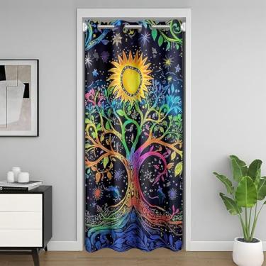 Imagem de Cortina de porta árvore da vida (1 painel), cortina de privacidade de porta mandala boêmia para crianças, meninas, meninos, aquarela, galhos de árvores, folhas de armário, cortinas de porta de armário