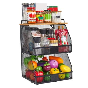 Imagem de Conjunto de 2 cestas de frutas grandes para cozinha, cesta empilhável na parede, pendurar na parede com tampos e etiqueta de bambu, para prateleira de armário, bancada, despensa, armazenamento, cebola