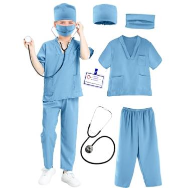 Imagem de Puteraya Conjunto De Fantasia Médico Infantil, Uniforme Cirúrgico Para Meninos E Meninas, Halloween Cosplay (Azul Claro, 4-5 Anos (110-120 Cm))