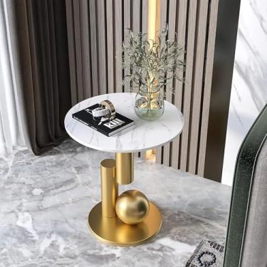 Imagem de Mesa Lateral Redonda De Luxo, Bola De Aço Inoxidável E Base De Chapa De Aço Grossa Mesa De Canto De Sofá De Ardósia Com Te, Gold Frame + Snow Mountain White, 50x50x55cm(20x20x22inch)