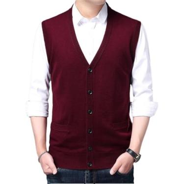Imagem de Colete De Lã Masculino Primavera Outono Camisola Sem Mangas Sólida Casual Com Decote Em V Colete De Malha Com Bolsos, Burgundy, XL