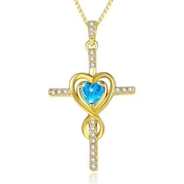 Imagem de CupidGift Colar de cruz para mulheres, banhado a ouro 14 K, pingente de pedra do mês de nascimento, pingente infinito de coração, joias religiosas, batismo cristão, fé, presentes de aniversário para