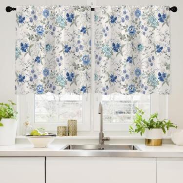Imagem de Cortinas de cozinha florais azuis primavera verão sanefas para janelas sobre a pia 61 cm de comprimento, casa de fazenda, cinza, branco, flores francesas, bolso para varão, cortina curta para