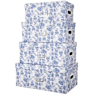 Imagem de Briful Conjunto de 4 caixas de armazenamento azuis e brancas com tampas – caixas de fotos elegantes caixas organizadoras de encaixe floral, conjunto de caixas de presente decorativas de papelão para
