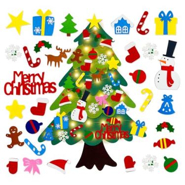 Imagem de Conjunto de árvore de Natal de feltro faça você mesmo, árvore de Natal de feltro de 3,2 m com 32 ornamentos e luz para crianças, enfeites para pendurar, conjunto de árvore faça você mesmo, decoração