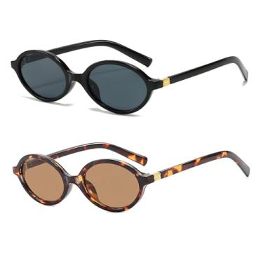 Imagem de OSAGAMA Óculos de sol retrô ovais femininos modernos e redondos com proteção UV400, Pacote com 2, preto/cinza + tartaruga/marrom, Medium