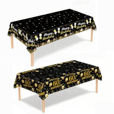 Imagem de 2 toalhas de mesa de aniversário de 60 anos, decoração de aniversário de 60 anos de ouro preto para homens e mulheres, capa de mesa retangular de plástico vintage, artigos de festa de feliz