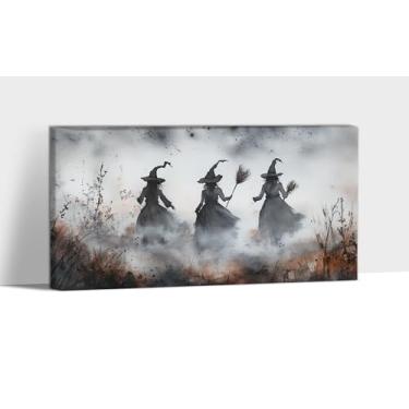 Imagem de KISTIKAT Arte de parede em tela de silhueta de bruxa, pintura trio assustadora gótica assombrada, impressões em tela de pôster de bruxa, arte de Halloween para decoração de sala de estar e quarto