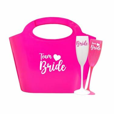 Imagem de Kit 20 Taças Espumante 190ml Acrílica - Personalizadas Chá de lingerie despedida de solteira madrinhas Bride Noiva (Bolsa Rosa +Taças - BRIDE)