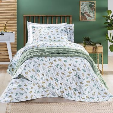 Imagem de Kit Cobre Leito + Jogo De Cama Tutti Kids 200 Fios Solteiro 05 Peças 100% Poliéster - Dino World