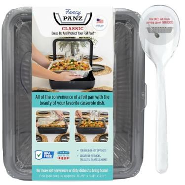Imagem de Fancy Panz - Bandeja de alumínio clássica platina com tampa – Bandeja elevada para servir alimentos – Caçarola portátil e isolada com tampa – Feito nos EUA Hosting Essentials