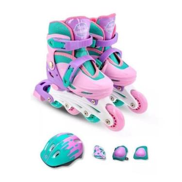 Imagem de Kit Patins com Acessórios de Segurança Meninas Criança Unitoys Rosa Cl