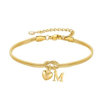 Imagem de M MOOHAM Pulseiras femininas com nó inicial banhado a ouro 18 quilates com nó inicial para mulheres com pingente de amor com letra A-Z, joias delicadas, presentes de aniversário para dama de honra, 6