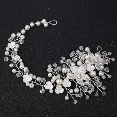 Imagem de Faixa de cabelo com strass flores douradas deixam enfeites de cabelo feitos à mão para casamento tiara joia (prata)