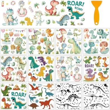 Imagem de 12 folhas de transferência de dinossauros para artesanato, 12 estilos coloridos fofos adesivos de PVC adesivos de PVC para móveis de janela de casa, madeira, artesanato DIY